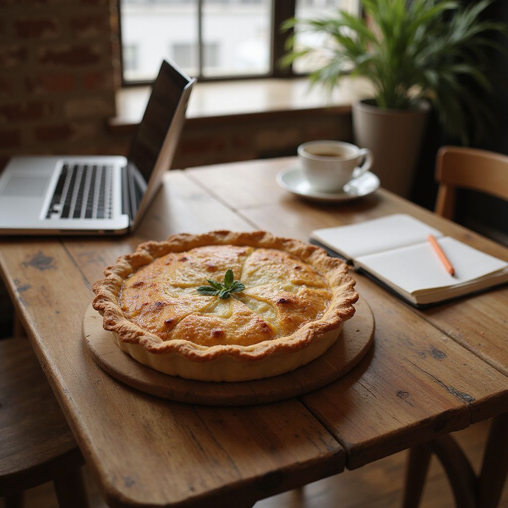 Pie on wooden table with laptop, coffee, notepad, and plant.