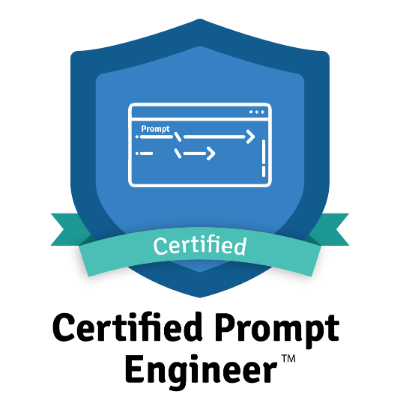 Badge for Certified Prompt Engineer: Blue shield with white window showing prompt flow, 