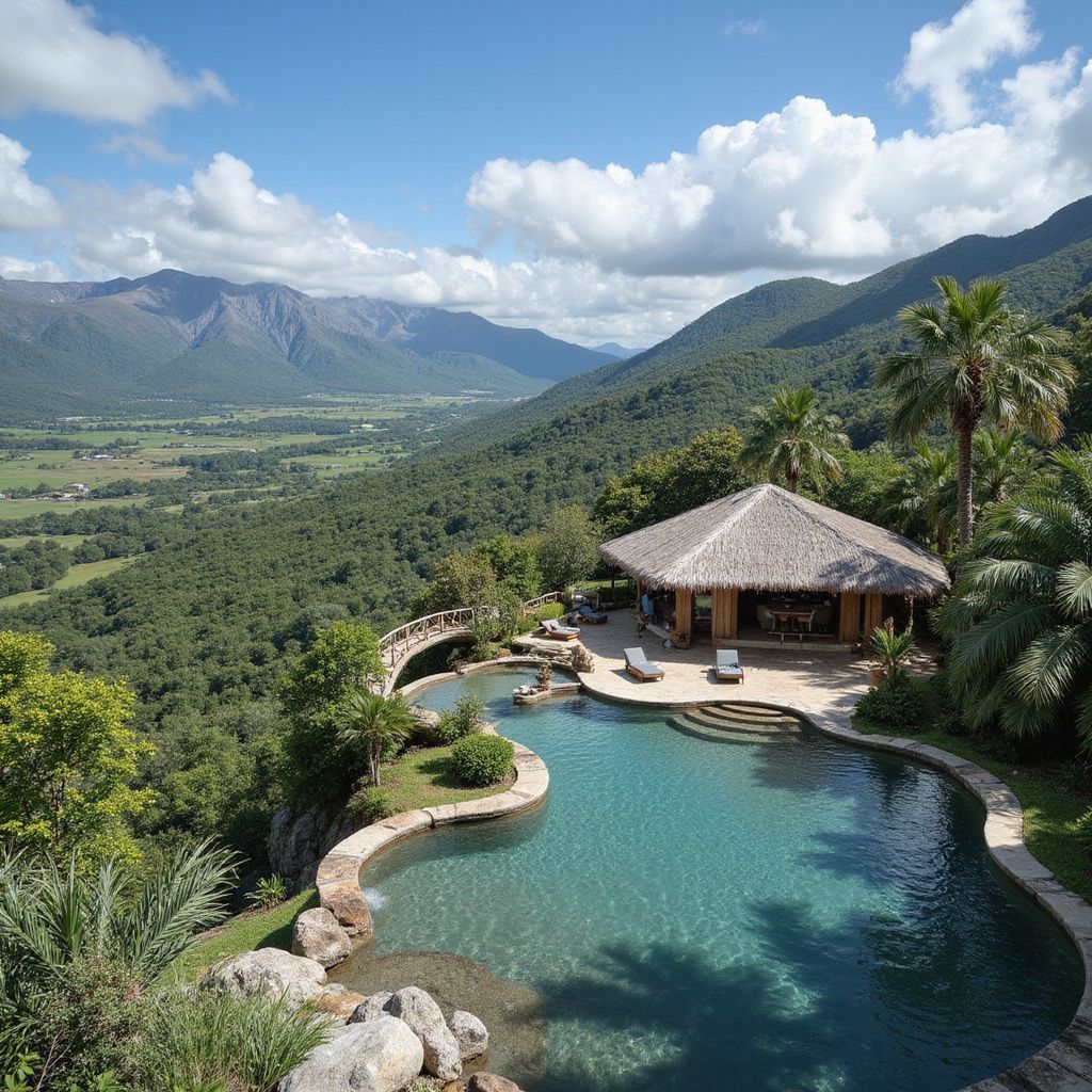Infinity pool overlooking a valley with a thatched-roof building and mountains, sunny day.