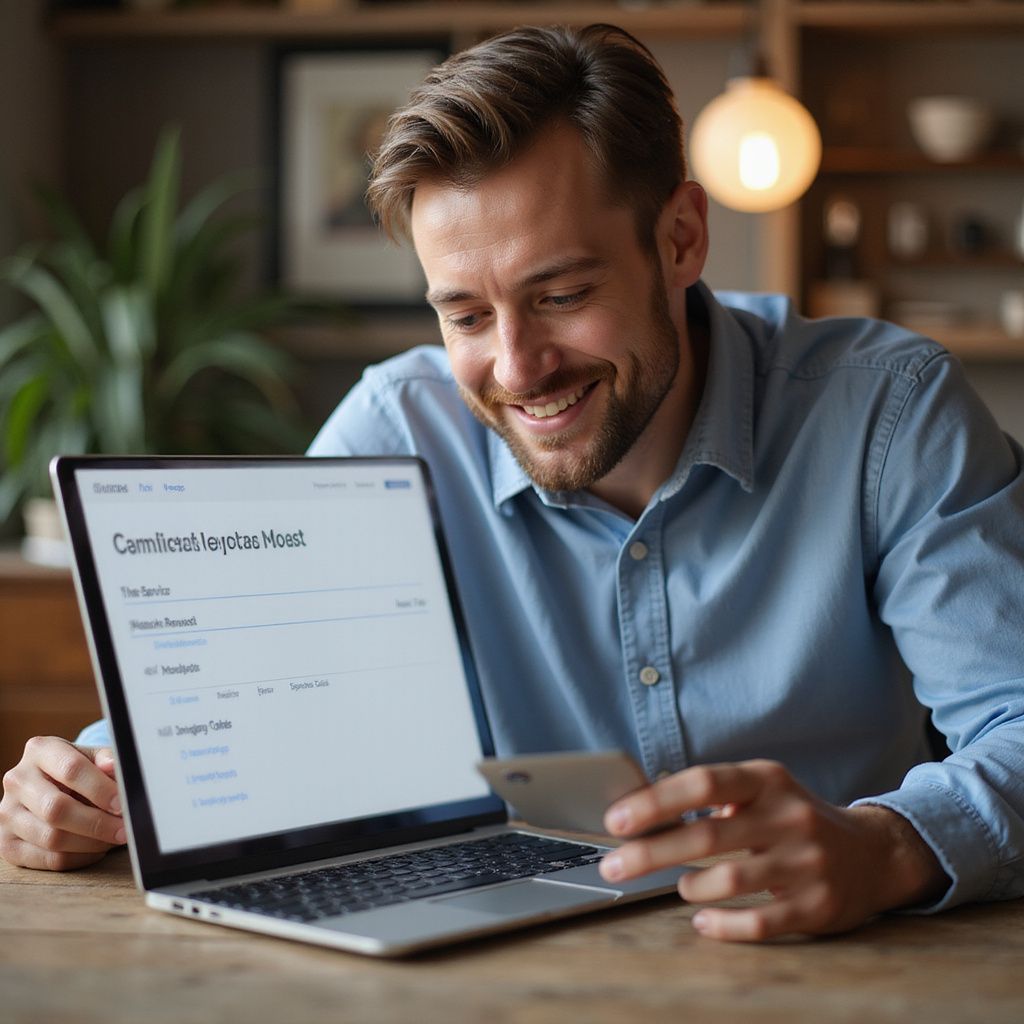 Man smiling while holding a credit card, looking at a laptop screen with a banking website.