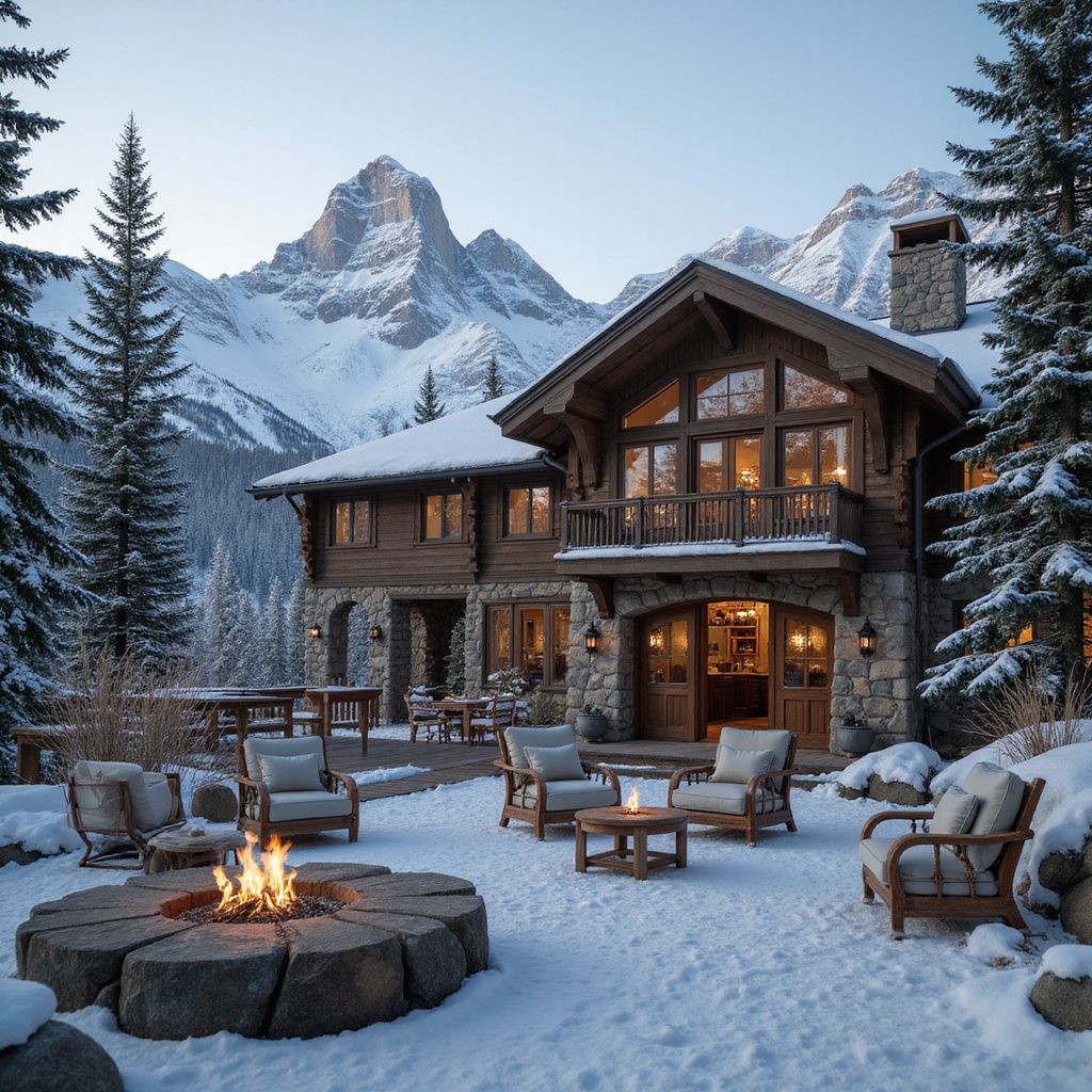 Cozy cabin in snowy mountains, lit firepit, outdoor seating.
