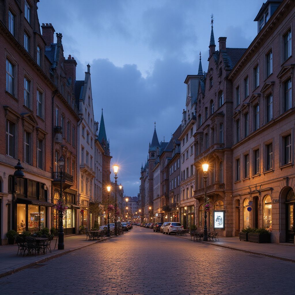Cobblestone street lined with buildings, streetlights illuminate the evening.