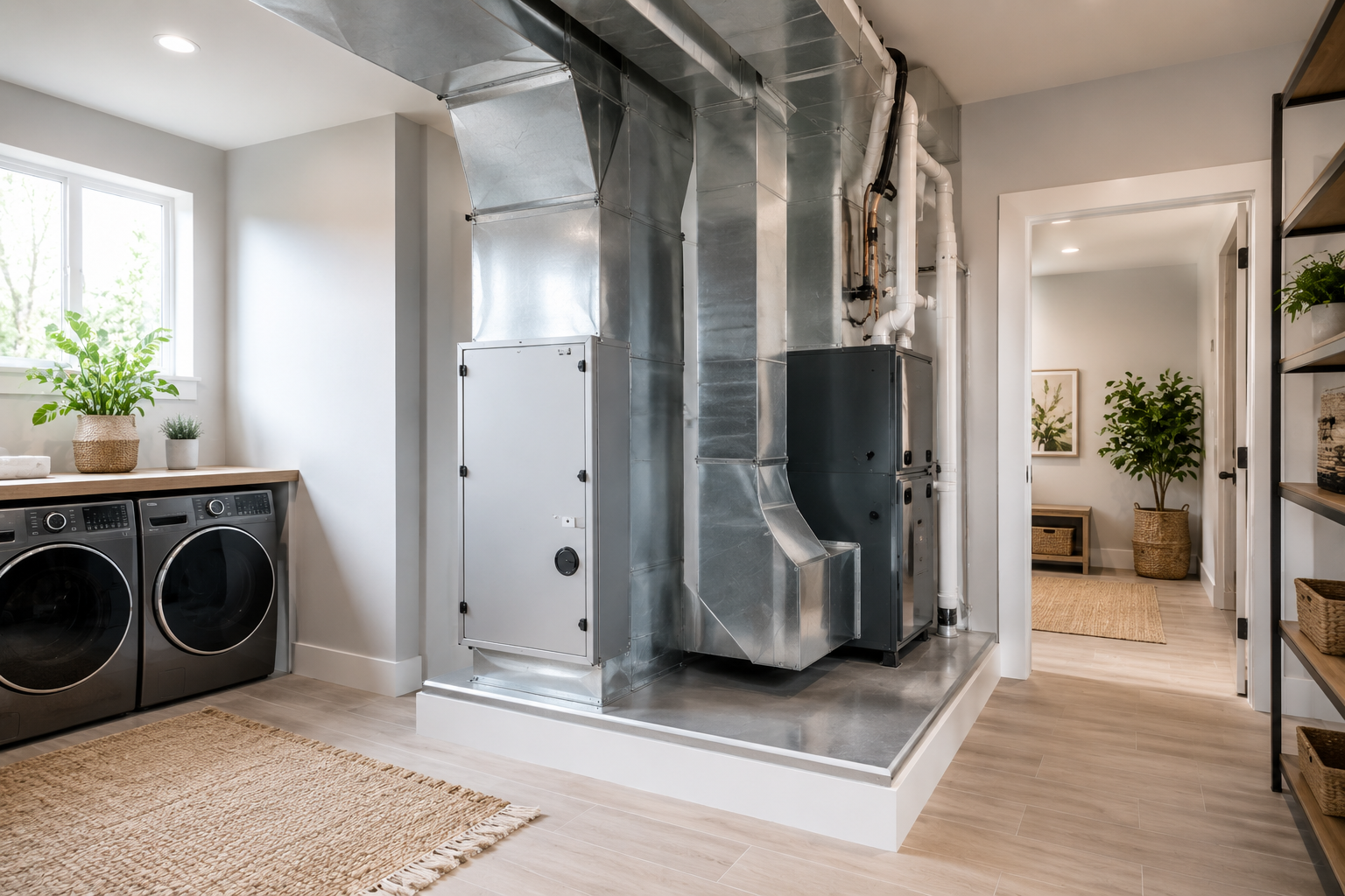 Laundry room with washer and dryer beside a large HVAC unit in a bright home interior