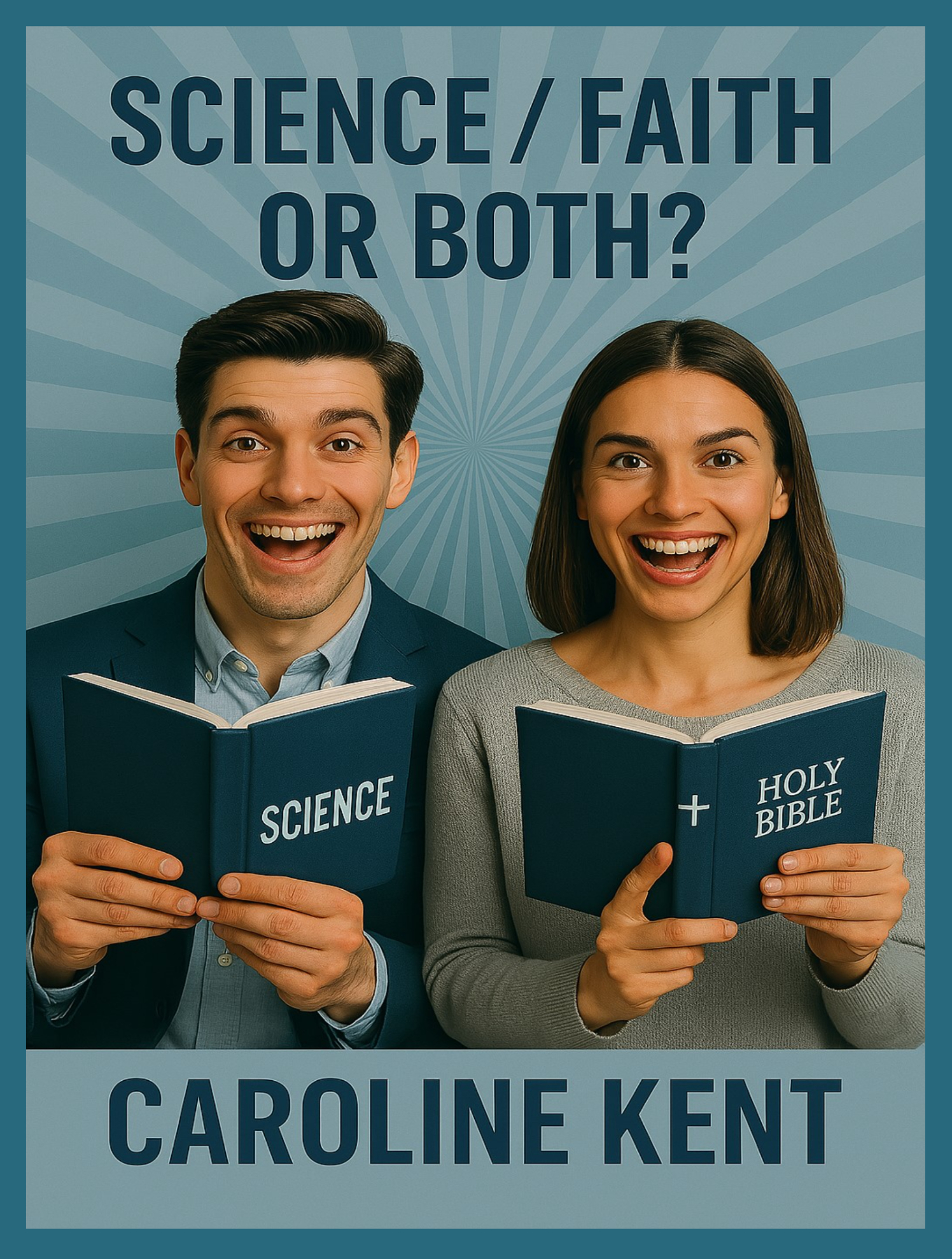 Two smiling people holding books labeled