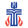 A blue cross with a red flame and a trident on a white background.