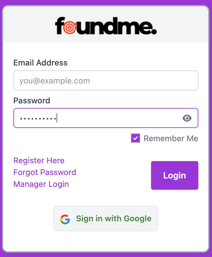 A screenshot of a login page for foundme.