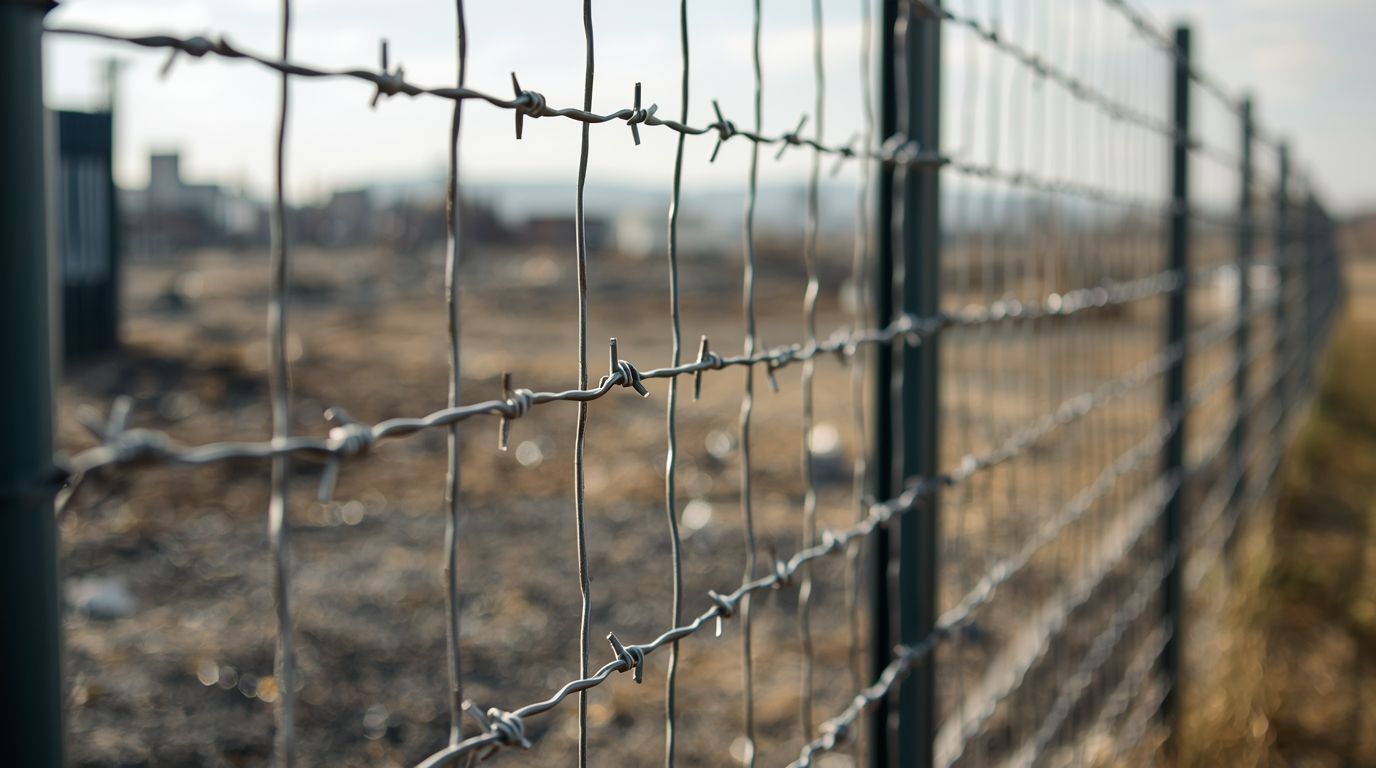 Chain-link fence topped with razor wire against a blue sky with clouds.