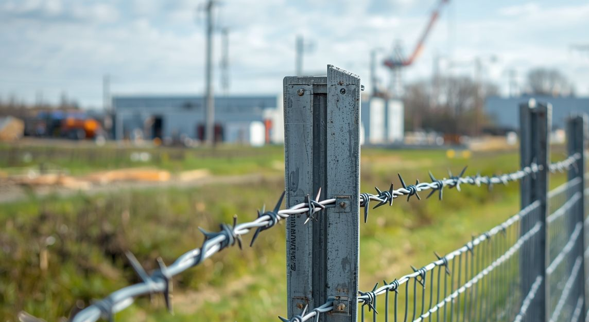 Close-up of a security fence with coiled razor wire. A chain-link fence is visible behind the wire.
