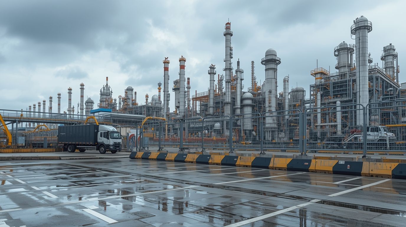 Gray and red bollards in a line along a sidewalk, casting long shadows on a sunny day.