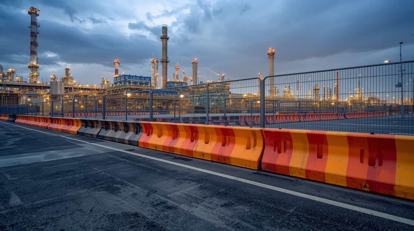 Accordion-style metallic gate with red reflective stripes, likely for crowd control or access restriction.