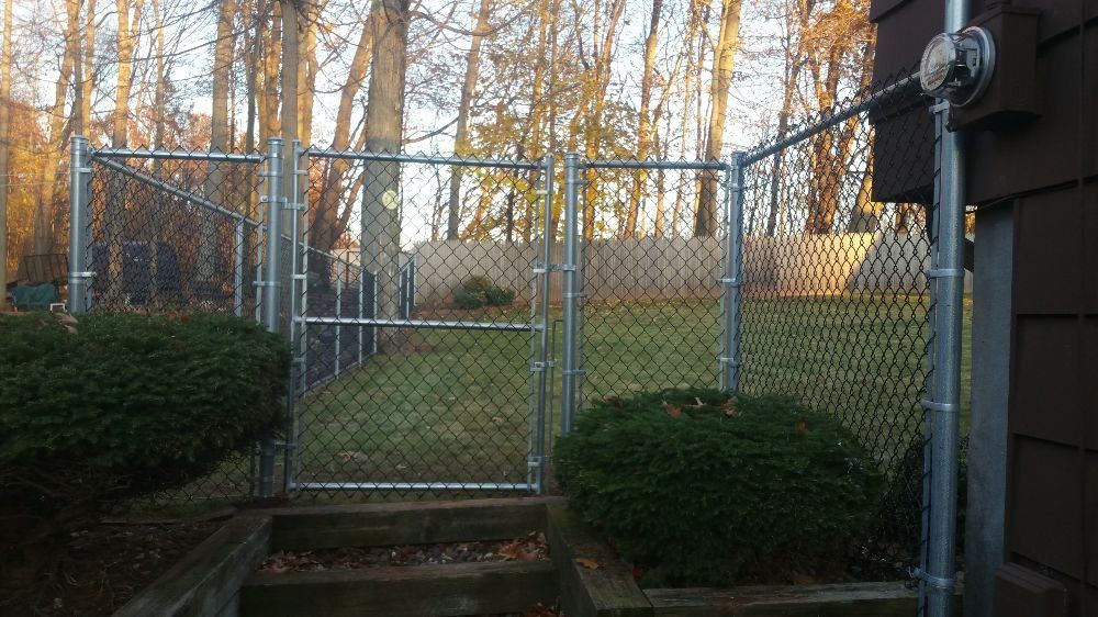 Chain-link fence with gate in backyard, adjacent to house; green bushes in foreground, trees in background.