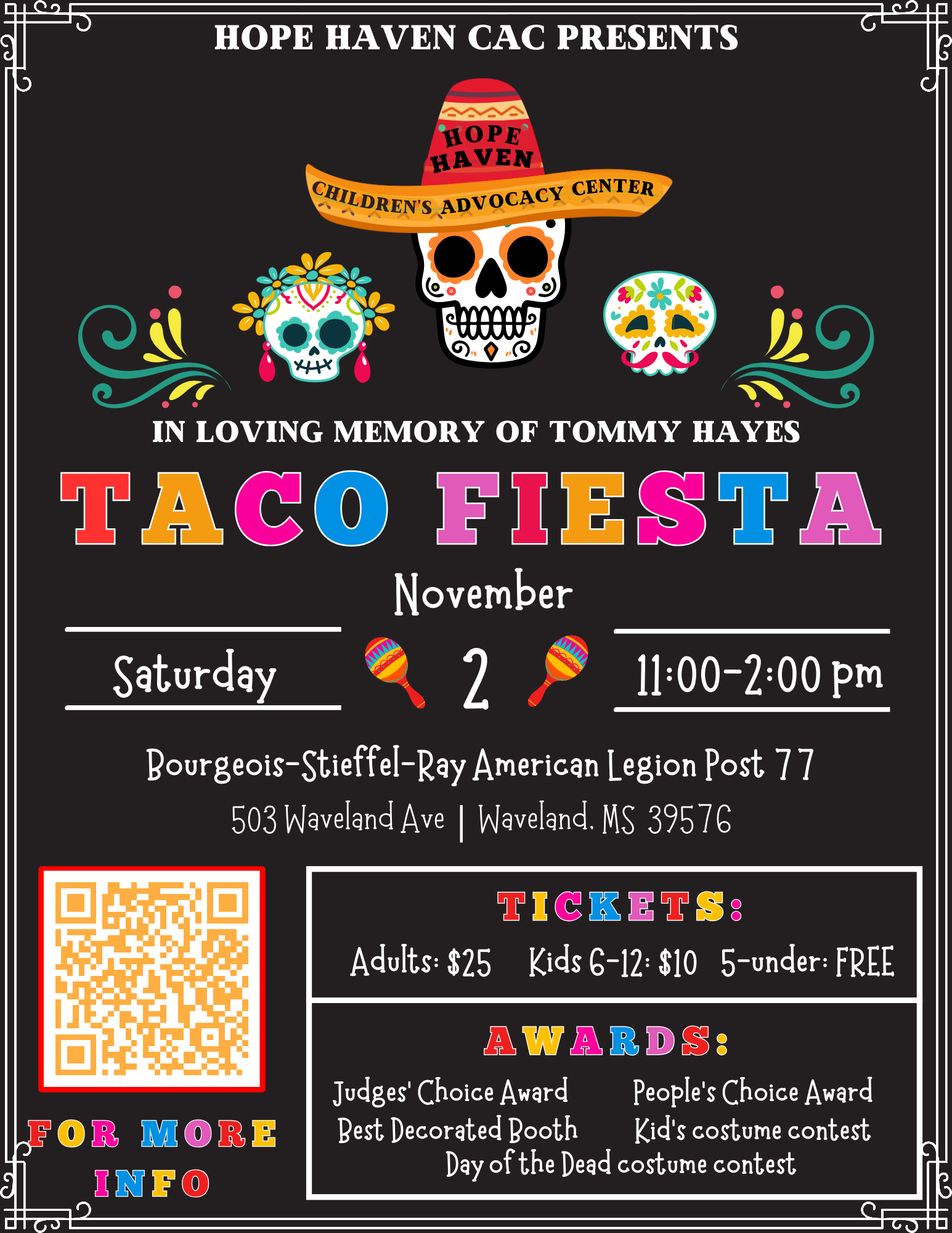 A poster for a taco fiesta in loving memory of tommy hayes