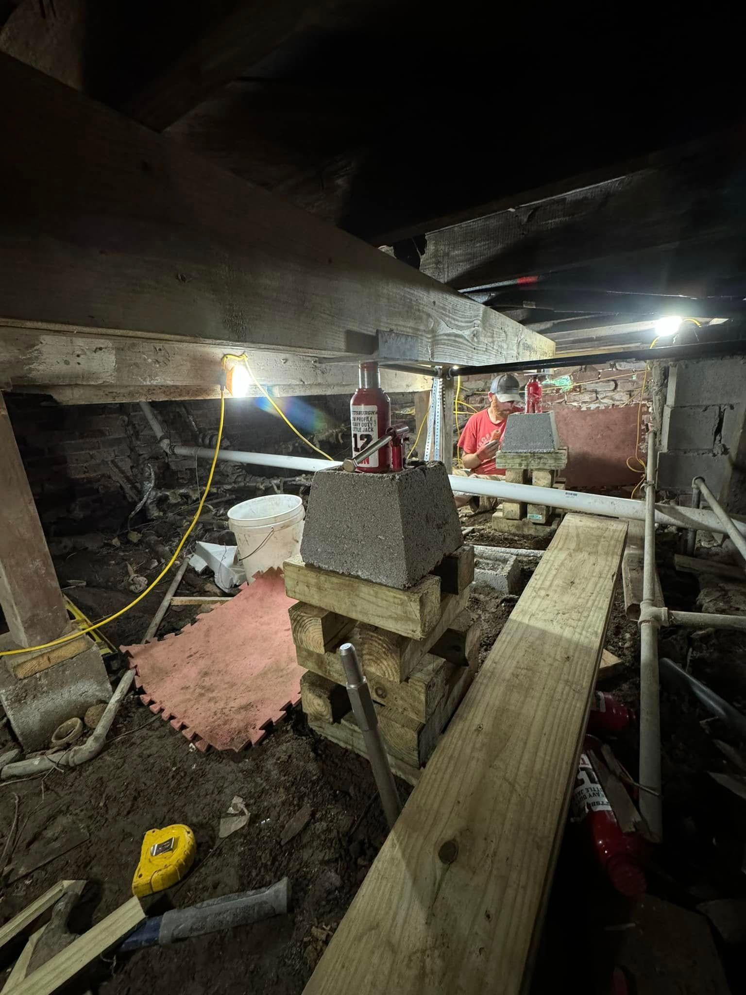 Interior view of foundation repair with support beams, jacks, and a worker visible in the background.
