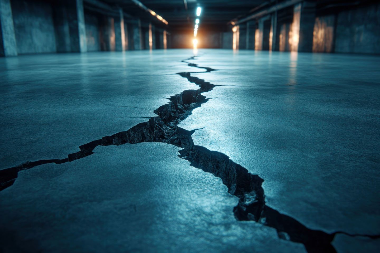 Concrete floor with a large crack, extending to a bright light at the end of a dark tunnel.