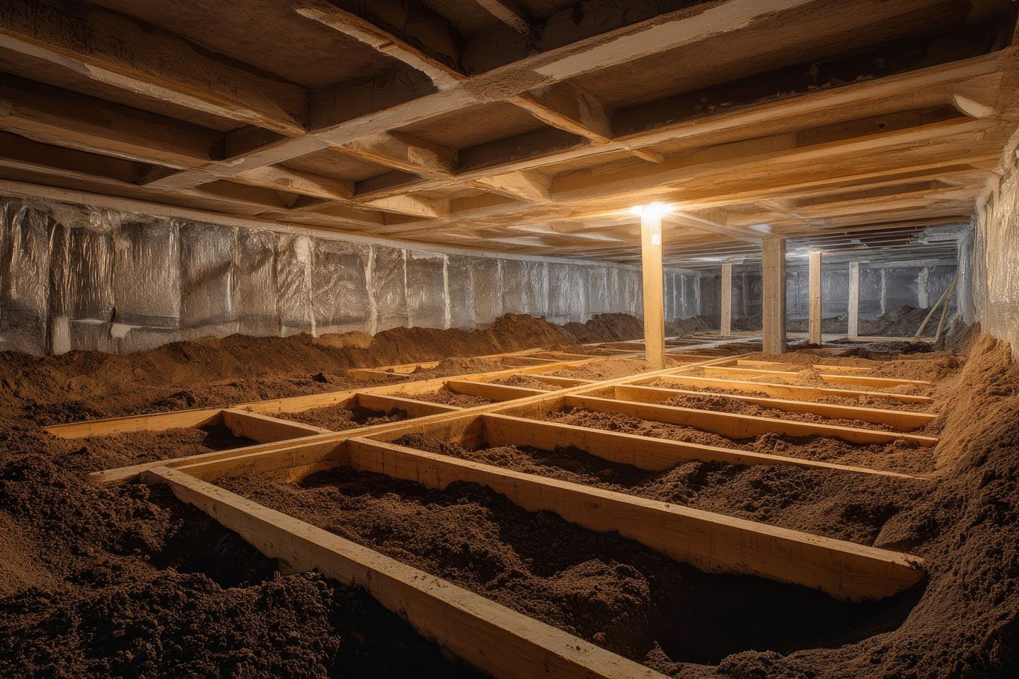 Under-house crawl space: exposed wooden beams and insulation, dirt floor, structural supports, overhead lighting.
