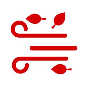 Red icon of wind with leaves blowing.