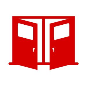 Red, stylized image of two open doors.