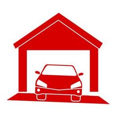 Red car inside a red garage icon.