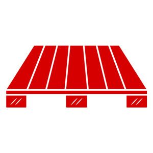 Red pallet, flat with wooden slats and three supports.