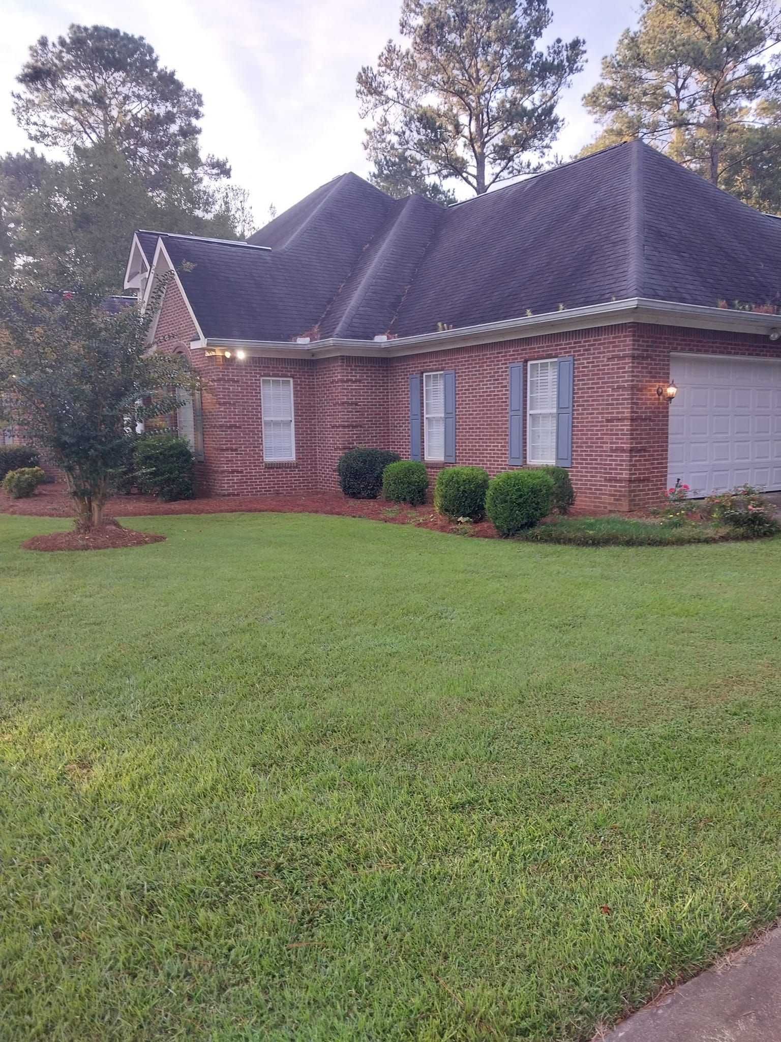 Brick house with dark roof and green lawn. Windows with blue shutters. Trees in the background.
