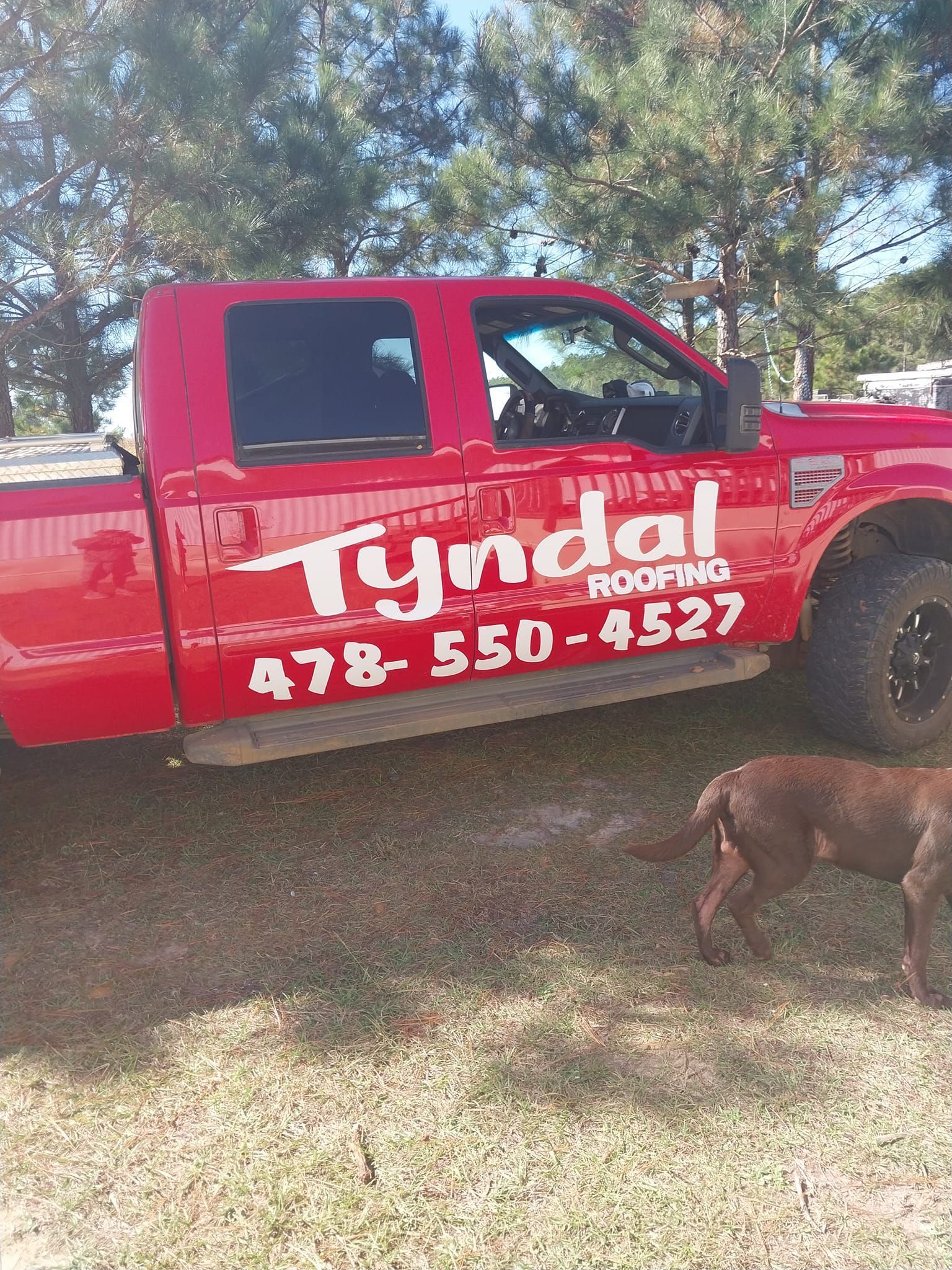 Red Tyndal Roofing truck with phone number 478-550-4527, parked on grass; brown dog nearby.