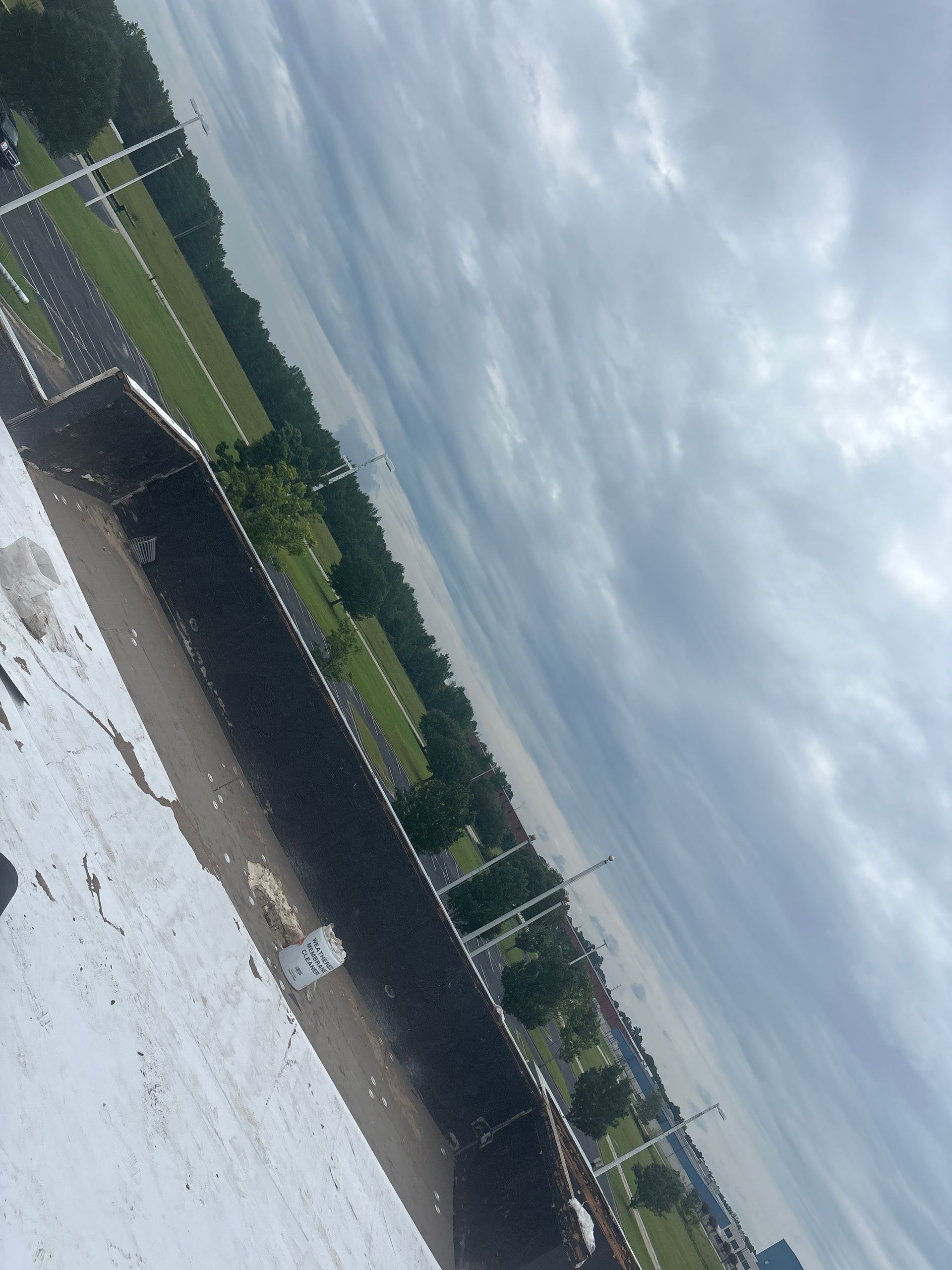Overcast sky above a tree-lined street and grassy area, viewed from above.