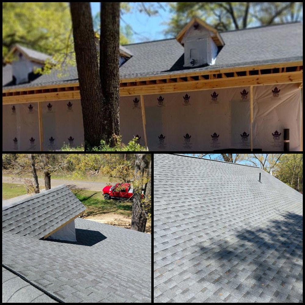 Composite of roof construction; grey shingles on a partially built building.