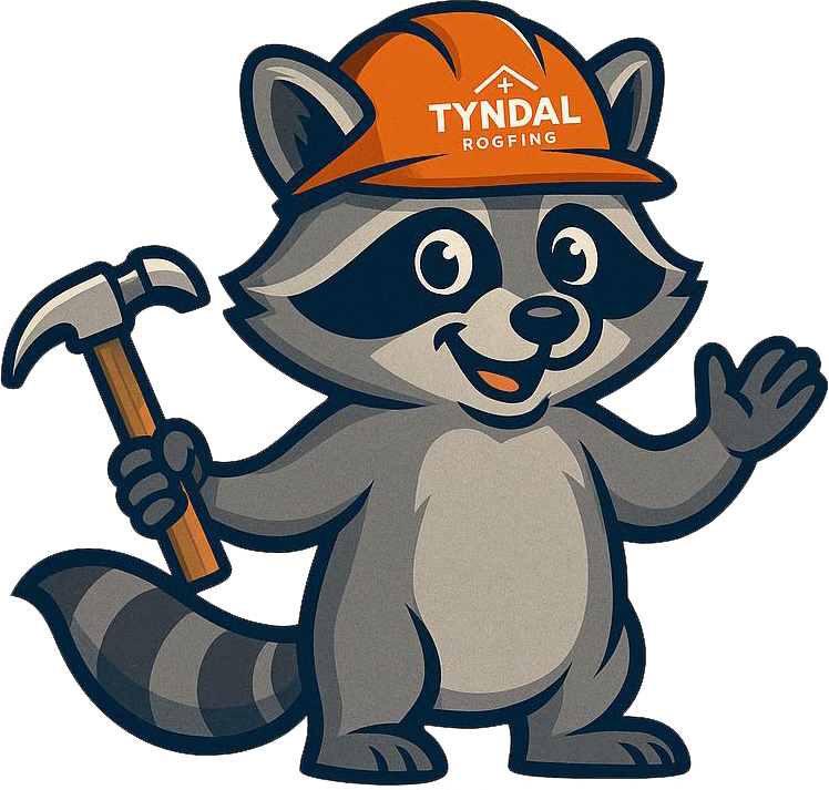 Cartoon raccoon wearing an orange hard hat, holding a hammer, waving.