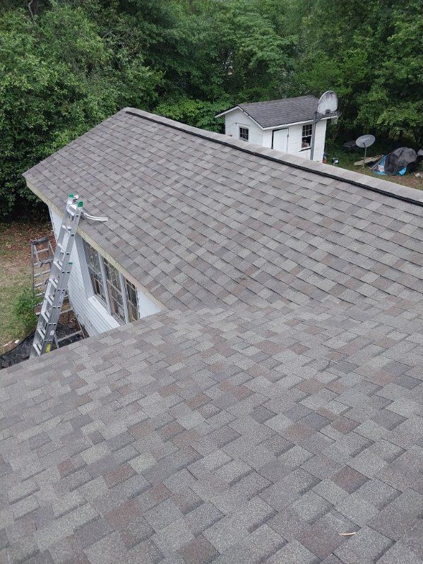 A house with a gray shingled roof, a ladder, and a small white building in the background.