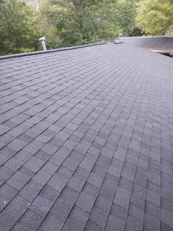 Dark asphalt shingle roof with a vent pipe and trees in the background.