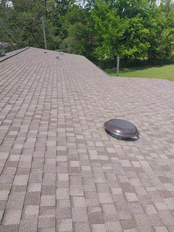 Brown shingle roof with a dark brown vent, trees and grass in the background.