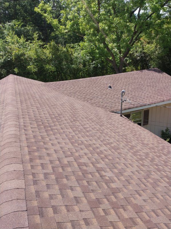 Brown shingle roof with a vent pipe, set against a backdrop of green trees.
