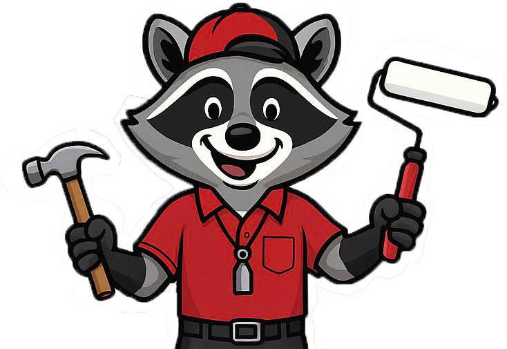 Cartoon raccoon wearing a red shirt and cap, holding a hammer and paint roller.