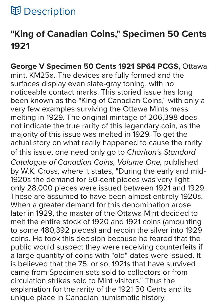 A page of text about king of canadian coins specimen 50 cents 1921