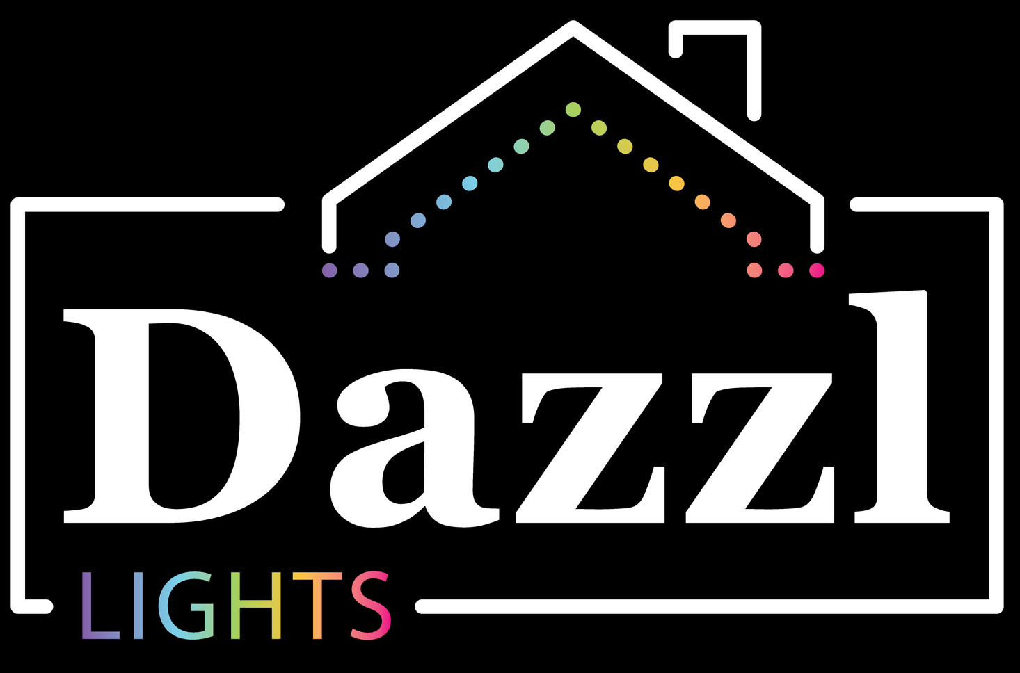 White "Dazzl Lights" logo with a house outline featuring multicolored lights against a black background.