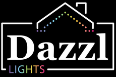 White "Dazzl Lights" logo with a house outline featuring multicolored lights against a black background.