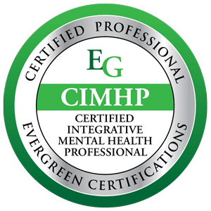 Image of the green and silver circle certification icon for the Certified Integrative  Mental health Practitioner. 