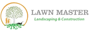Logo for Lawn Master, featuring a tree inside a circle, text 