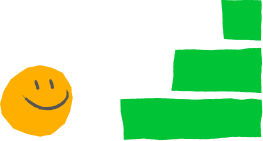 Smiling orange circle next to green rectangular blocks of various sizes stacked in a stair-like pattern.