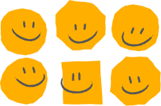 Six yellow smiley faces, each in a different shape: circle, hexagon, oval, and square.