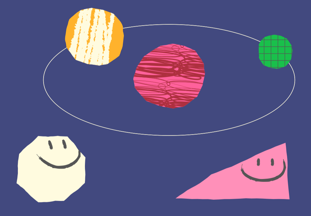 Planets orbiting a central reddish planet. Two smiling geometric shapes are at the bottom.