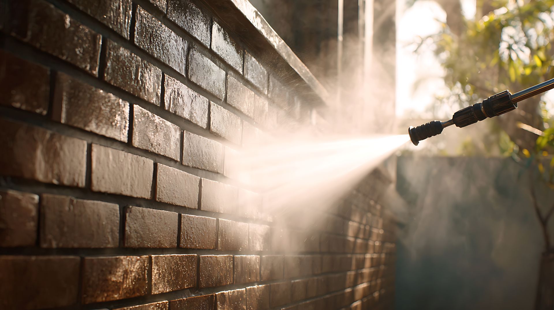 Pressure washer cleaning a brick wall, water spraying.