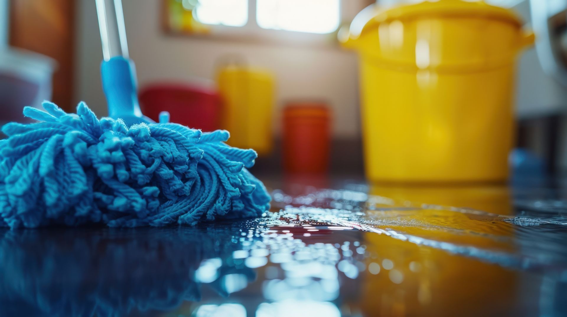 Blue mop cleaning a wet, wooden floor. Yellow bucket in background.