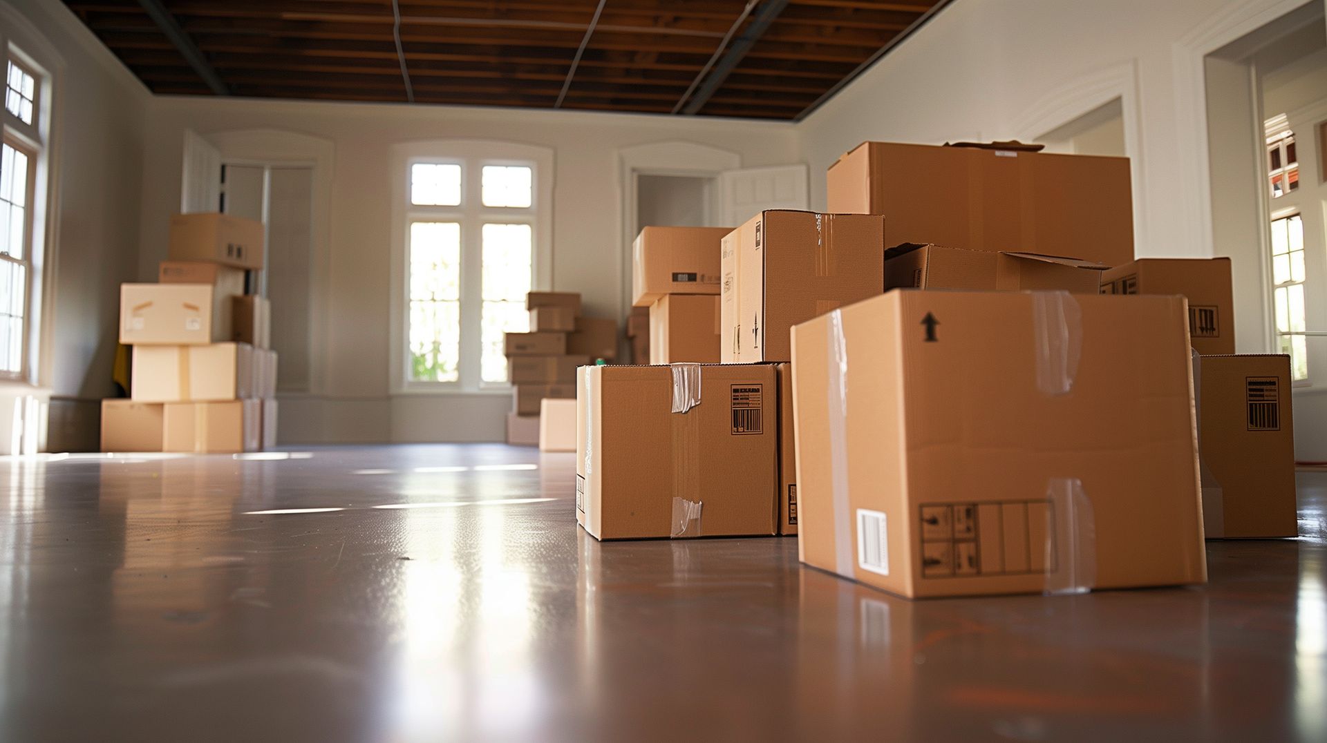 Boxes stacked in an empty room, windows in the background, hardwood floor.