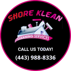 Shore Klean Cleaning Service LLC Shore Klean logo: black circle, pink border, cleaning supplies illustration, and phone number.