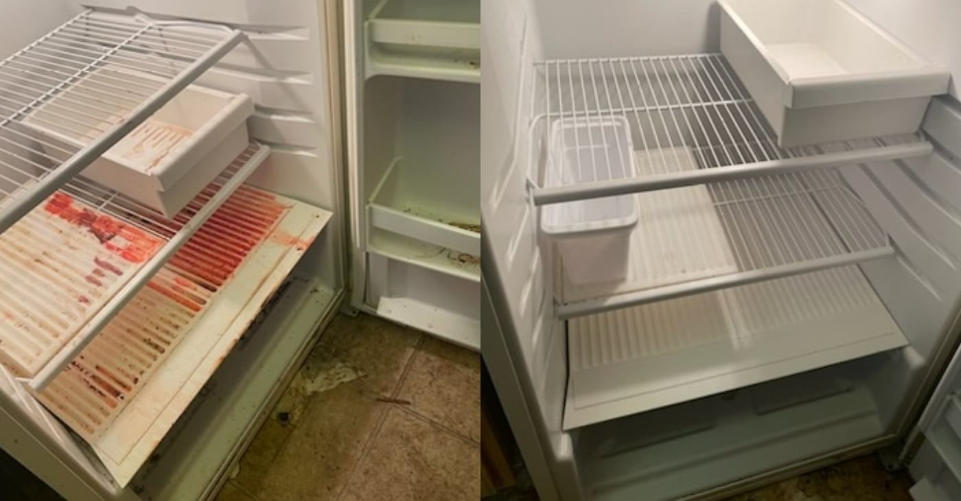 A before-and-after view of a refrigerator interior. Left side is dirty; right side is clean.