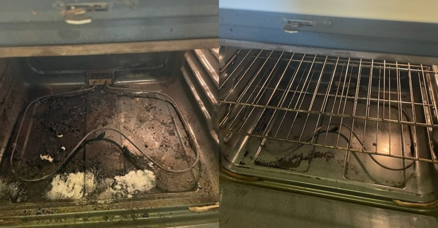 Dirty oven interior before and after cleaning.