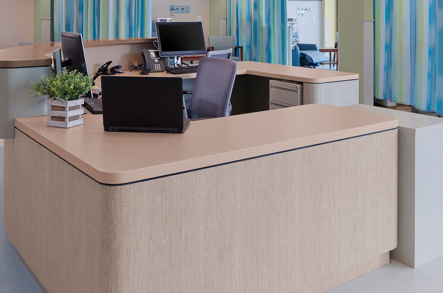 Reception desk in a light wood grain finish, with computer monitors and a plant, in a medical setting.