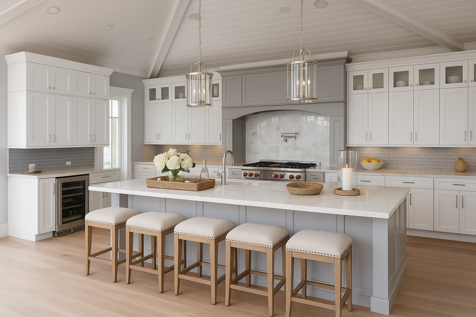 A bright, modern kitchen featuring a large island with seating, white cabinetry, stainless steel appliances, and wood floors.