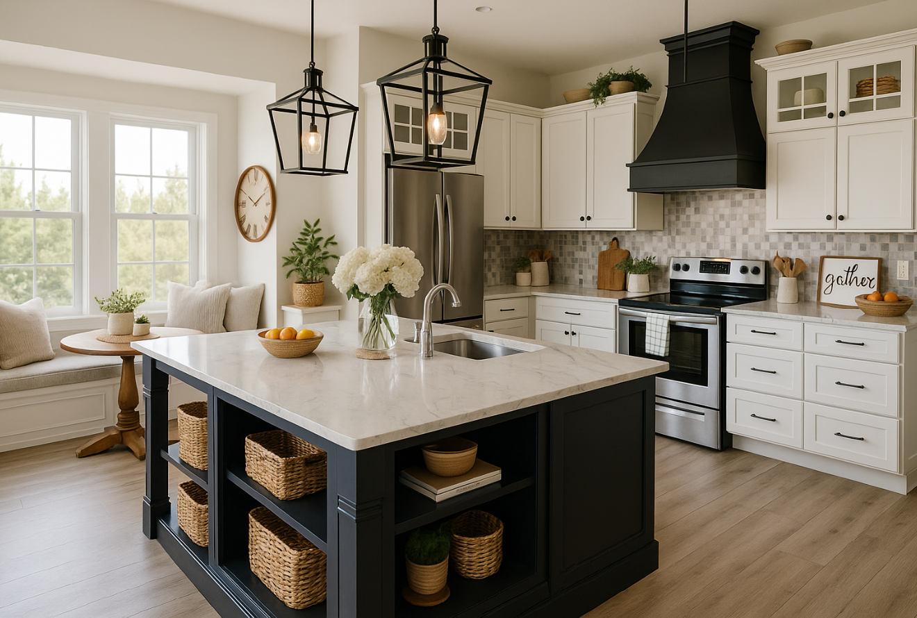 Modern kitchen with a dark blue island and white countertops, surrounded by white cabinets, stainless steel appliances, and large windows.
